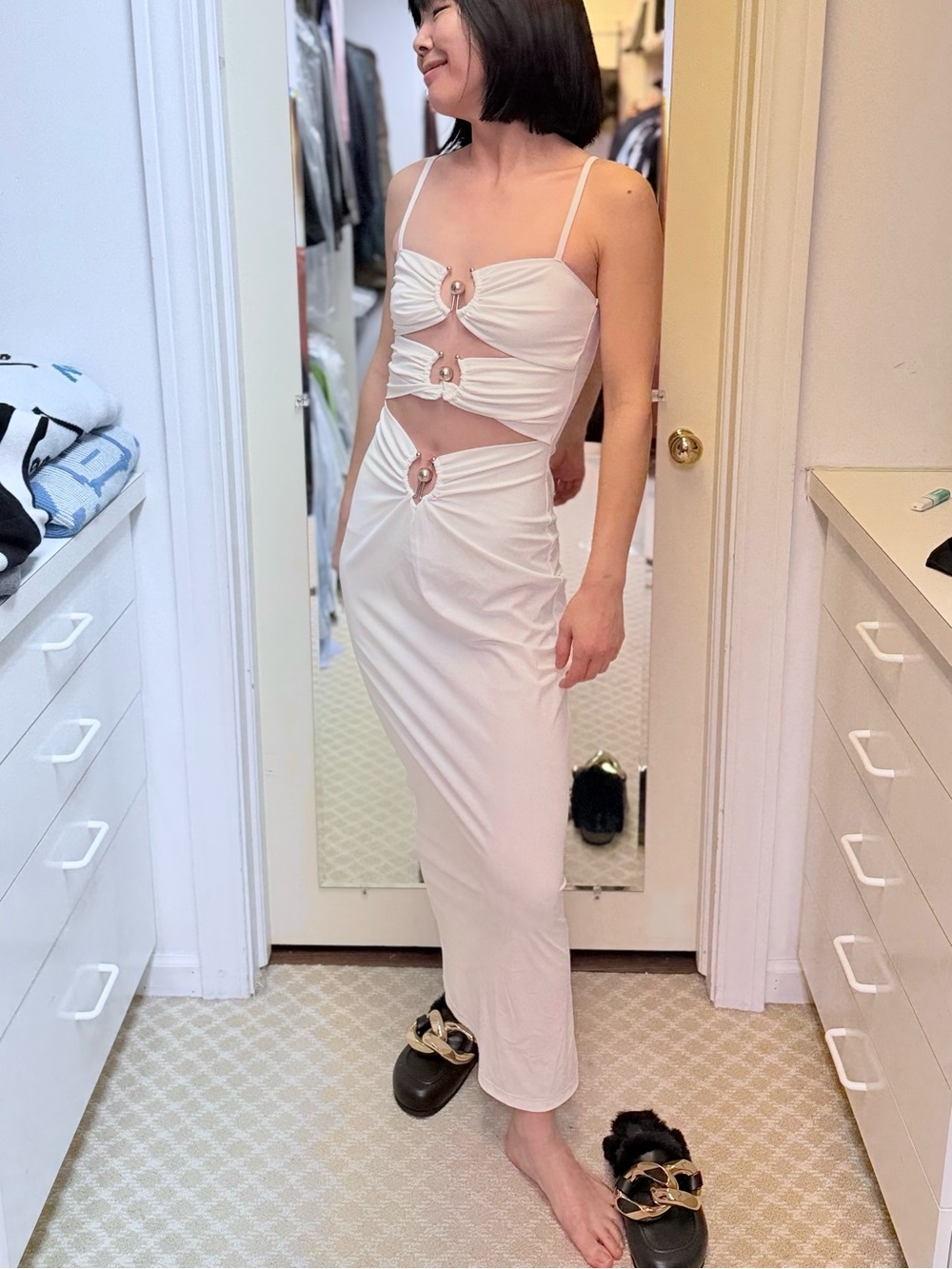 NWOT Christopher Esber White Cutout Midi Dress with Ring Details, Size US 6